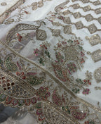 KC Heavy Embroidery Worked Two Ton Moss Silk White Suit For Women | Grocsy