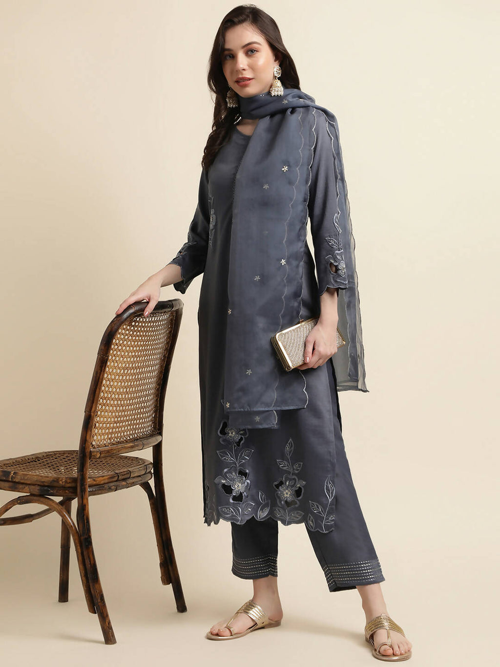 Grey Chinon Silk Embroidered Straight Kurta with Trouser & Dupatta - Salimar | Grocsy