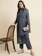 Grey Chinon Silk Embroidered Straight Kurta with Trouser & Dupatta - Salimar | Grocsy