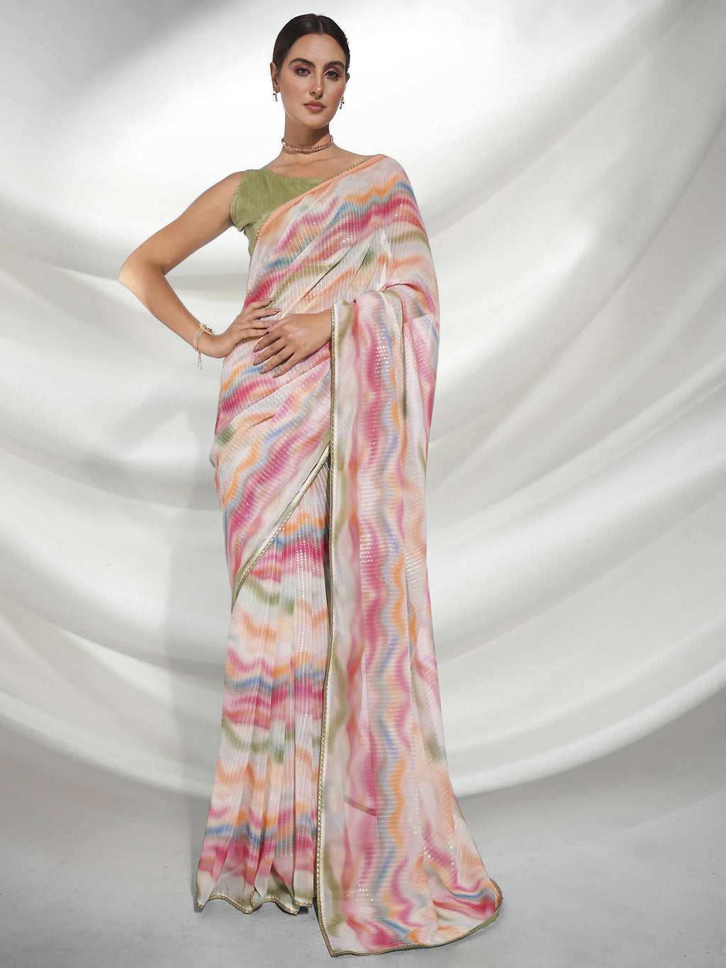 Pink Georgette Sequence Embroidery Saree With Unstitched Blouse Piece - Rajal | Grocsy