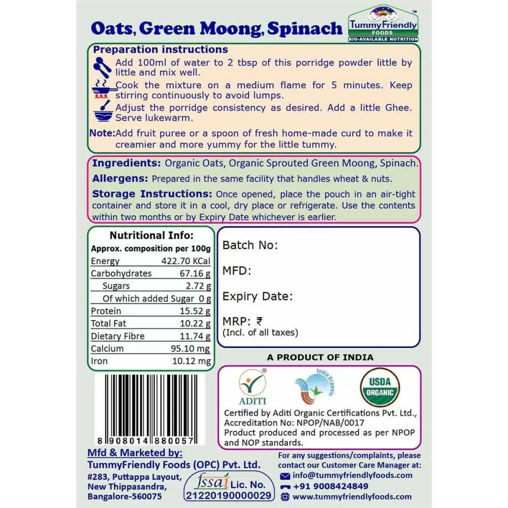 TummyFriendly Foods Certified Oats Porridge Mixes - Stage1, Stage2, Stage3 | Grocsy