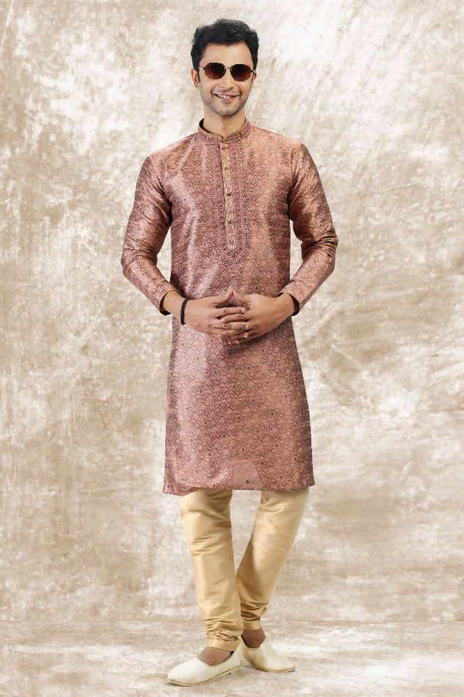 Raivat Ethnic Jacquard Silk Brocade Mirror and Thread Work Kurta Pajama In Onion Pink Colour | Grocsy