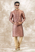 Raivat Ethnic Jacquard Silk Brocade Mirror and Thread Work Kurta Pajama In Onion Pink Colour | Grocsy