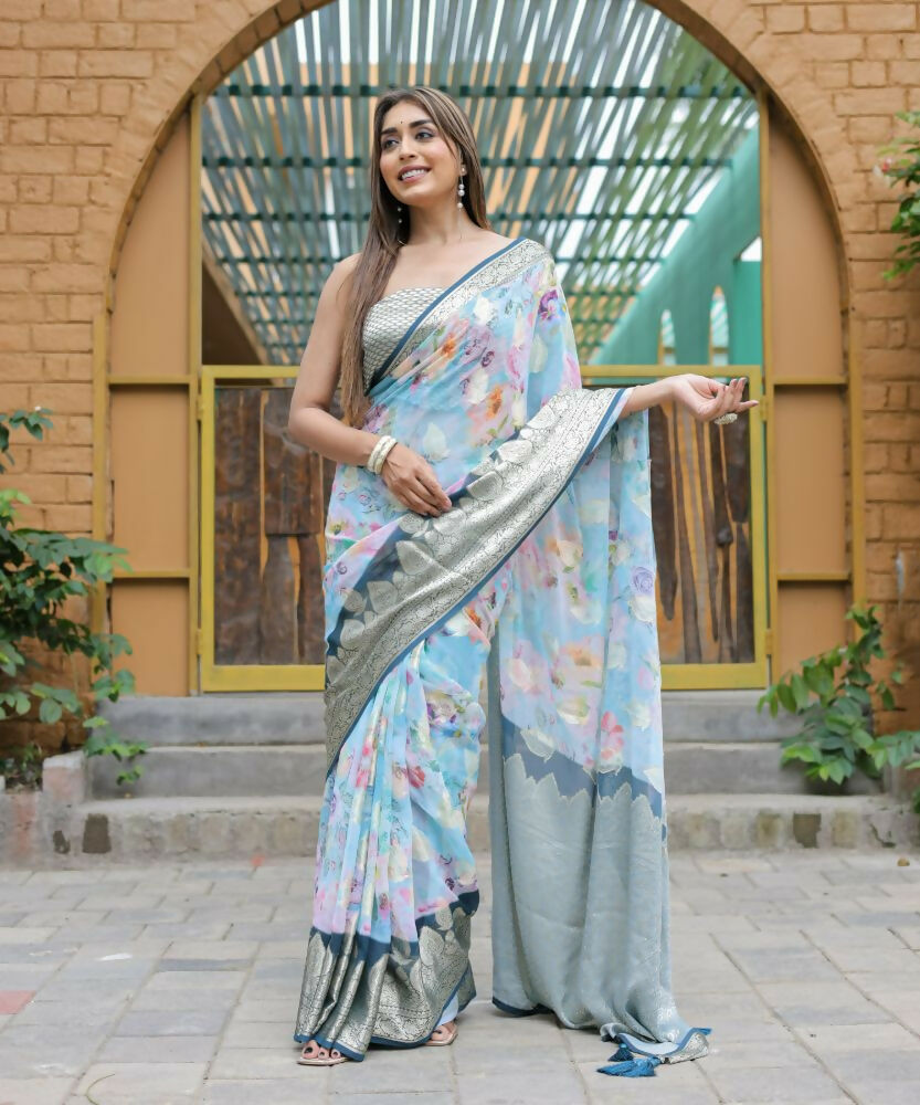 Vamsee Dhruvini Blue Georgette Saree | Grocsy
