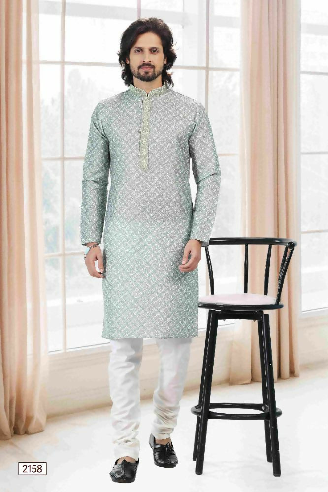 Raivat Ethnic Cotton Thread Work Kurta Pajama In Light Green Colour | Grocsy