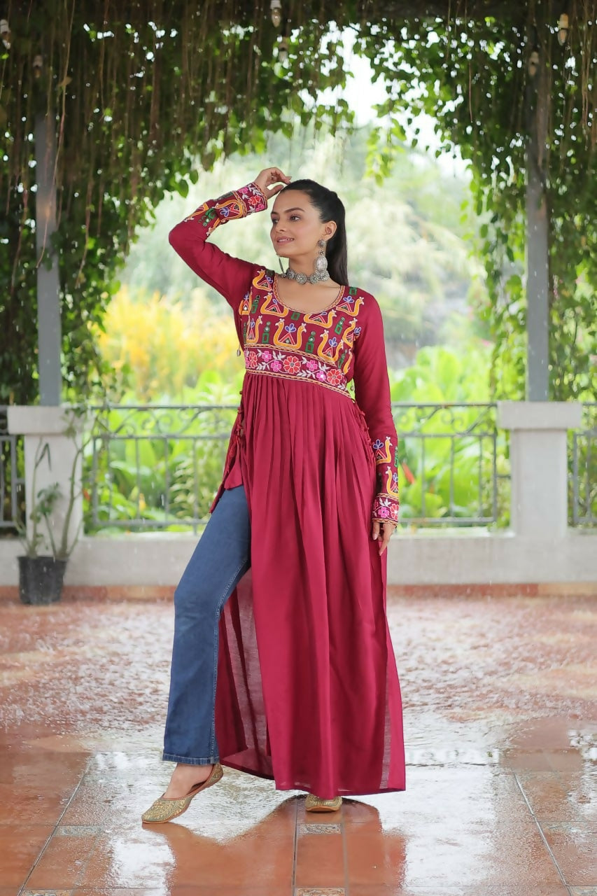 Vastranavya Pink Pink Navratri Special Rayon Kutchi Gamthi Work Kurti | Grocsy
