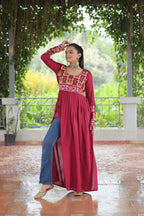 Vastranavya Pink Pink Navratri Special Rayon Kutchi Gamthi Work Kurti | Grocsy