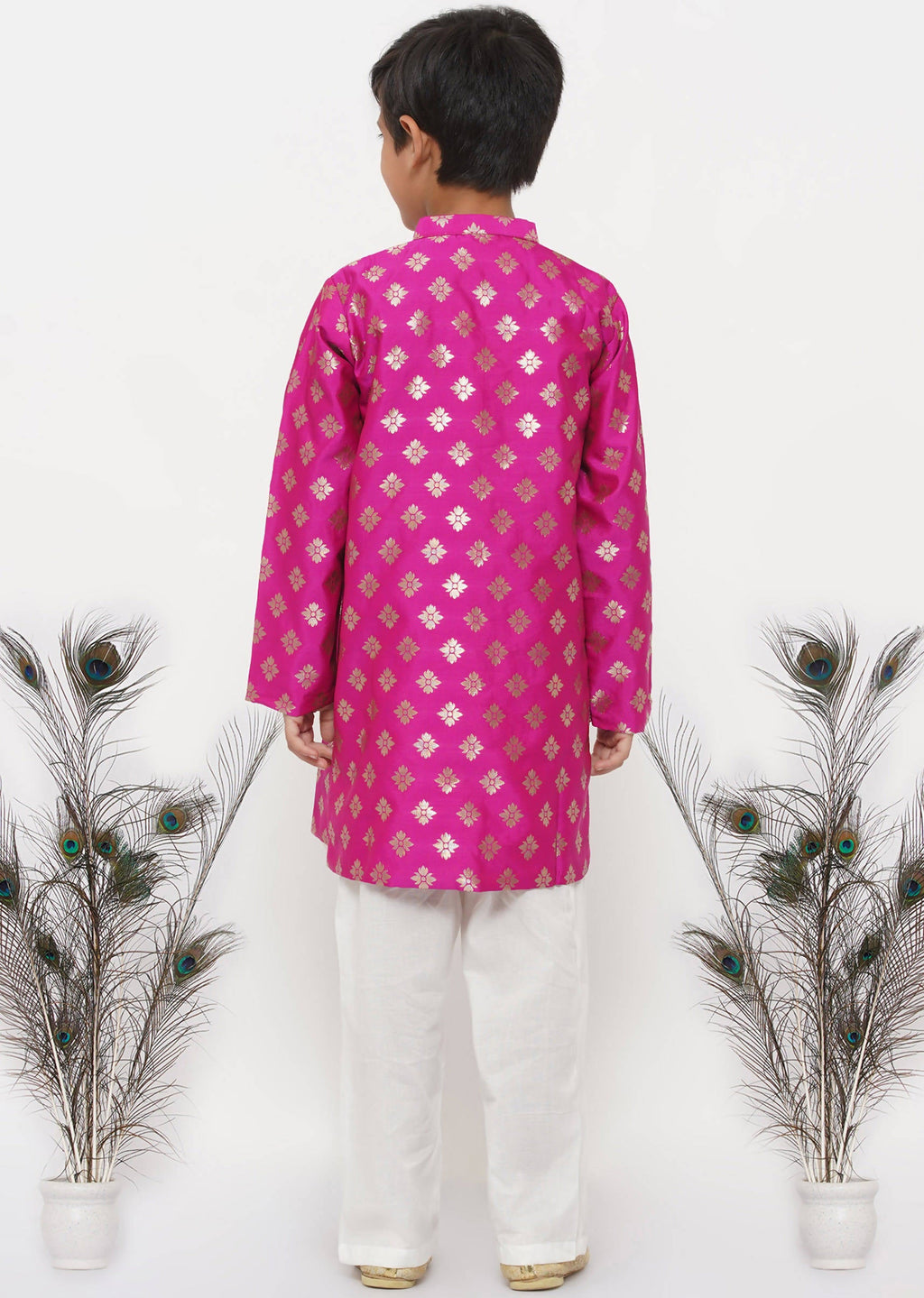 Little Bansi Boys Banarsi Silk Sherwani & Pyjama - Magenta & Cream | Grocsy