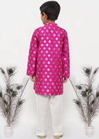 Little Bansi Boys Banarsi Silk Sherwani & Pyjama - Magenta & Cream | Grocsy