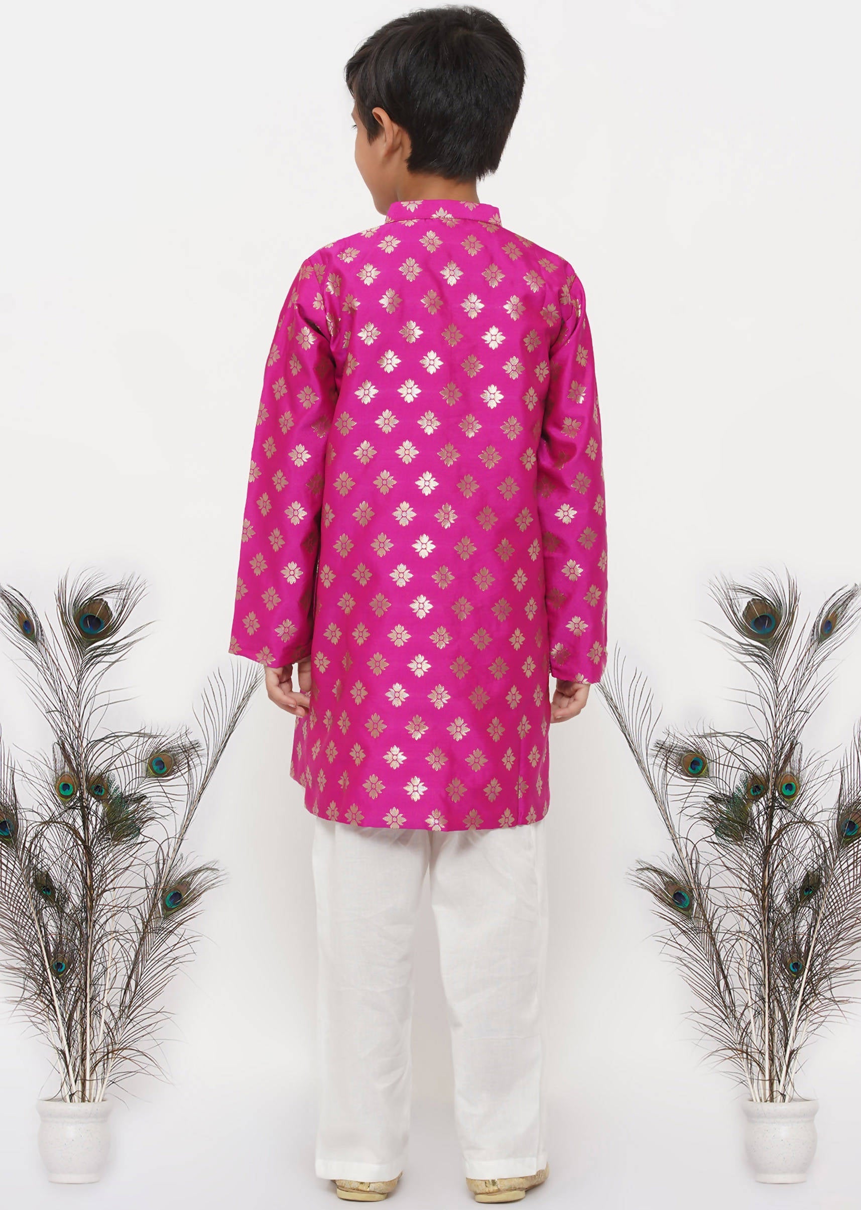 Little Bansi Boys Banarsi Silk Sherwani & Pyjama - Magenta & Cream | Grocsy