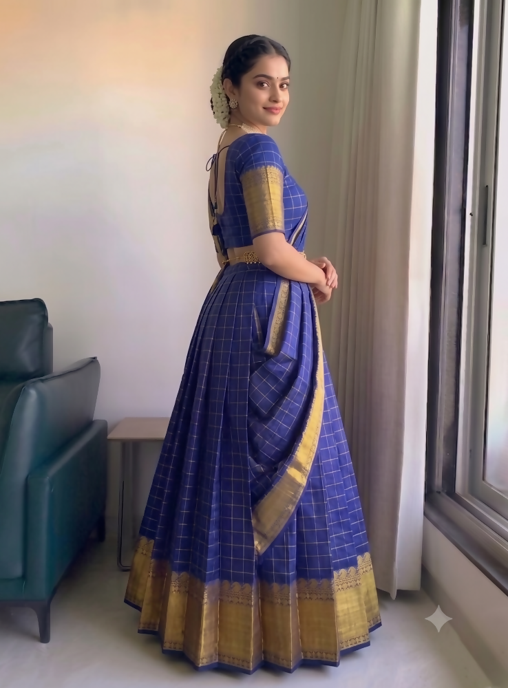 Teeya Creation Vibrant Royal Blue Checkered Silk Lehenga Choli with Antique Gold Border | Grocsy