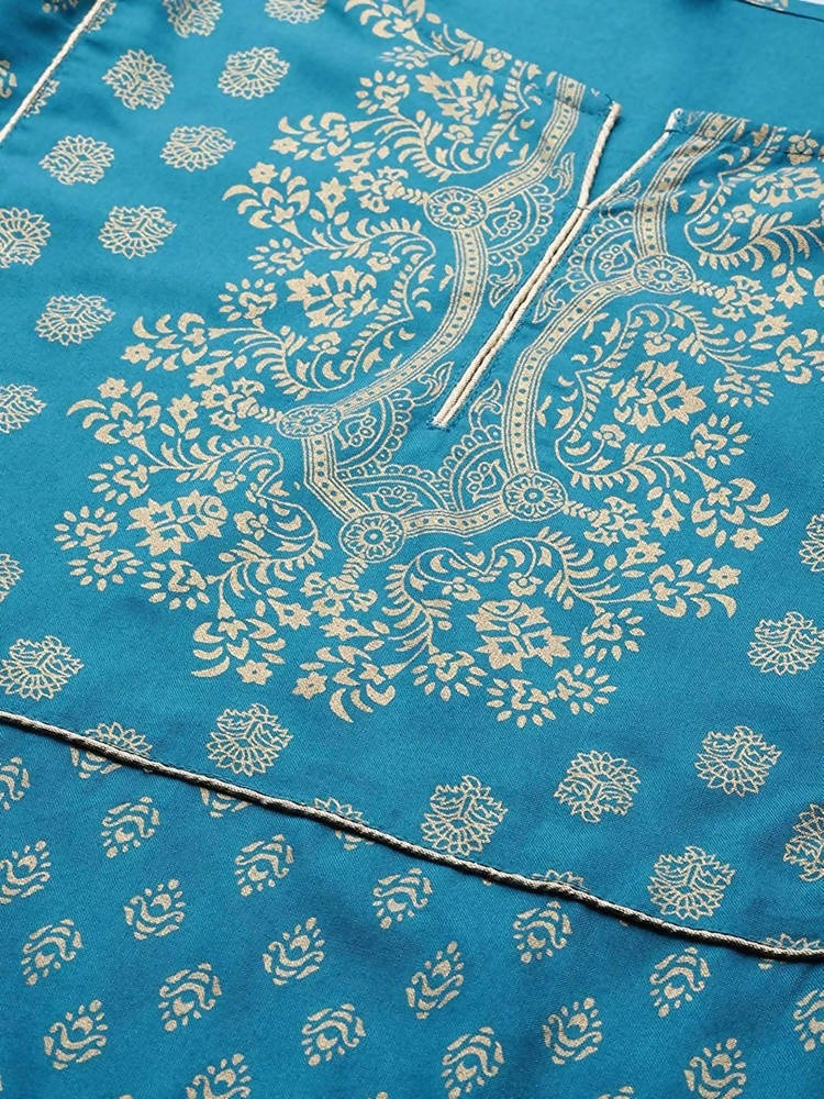 Yufta Women Teal Blue & Golden Printed Kurta with Trouser | Grocsy