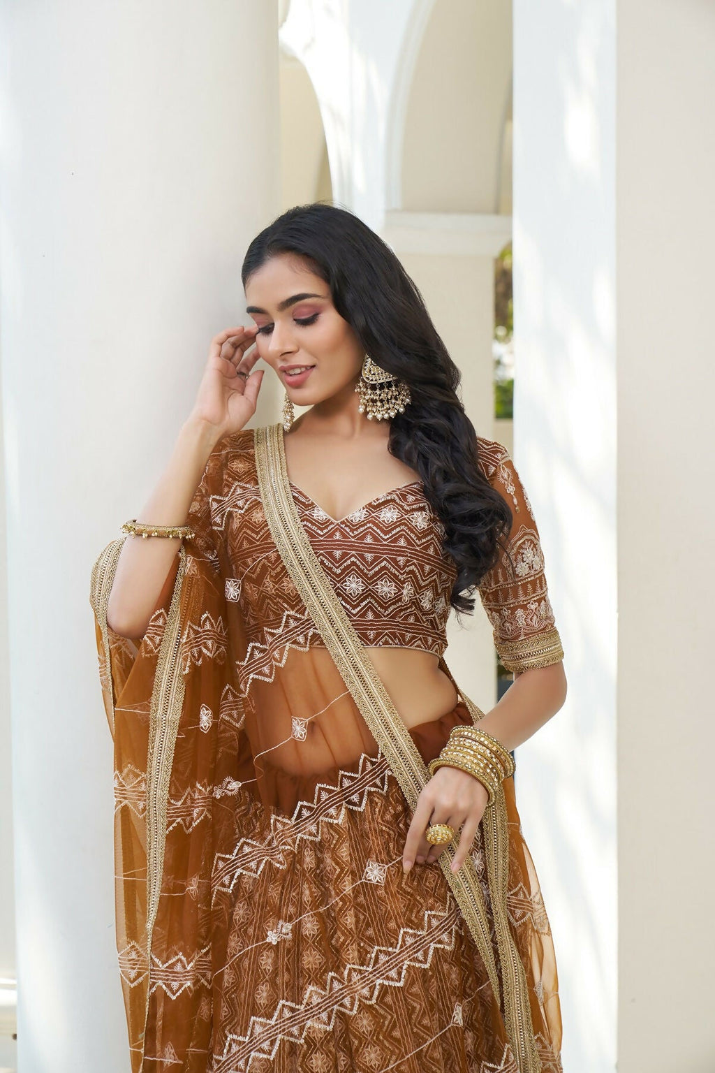 Eilara Glamorous Brown Butterfly Net With Thread And Sequence Embroidered Work Fancy Lace Lehenga Choli For Wedding | Grocsy