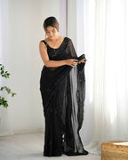 Attractive Looking Georgette Thread, Sequance Embroidery Work Party Wear Saree - Black | Grocsy