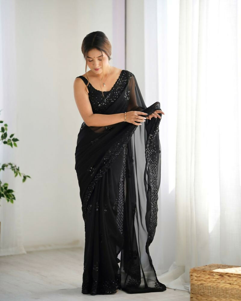 Attractive Looking Georgette Thread, Sequance Embroidery Work Party Wear Saree - Black | Grocsy