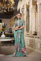 Vastranavya Green Spectacular Georgette Printed with Pearl Lace Saree with Unstitched Blouse | Grocsy