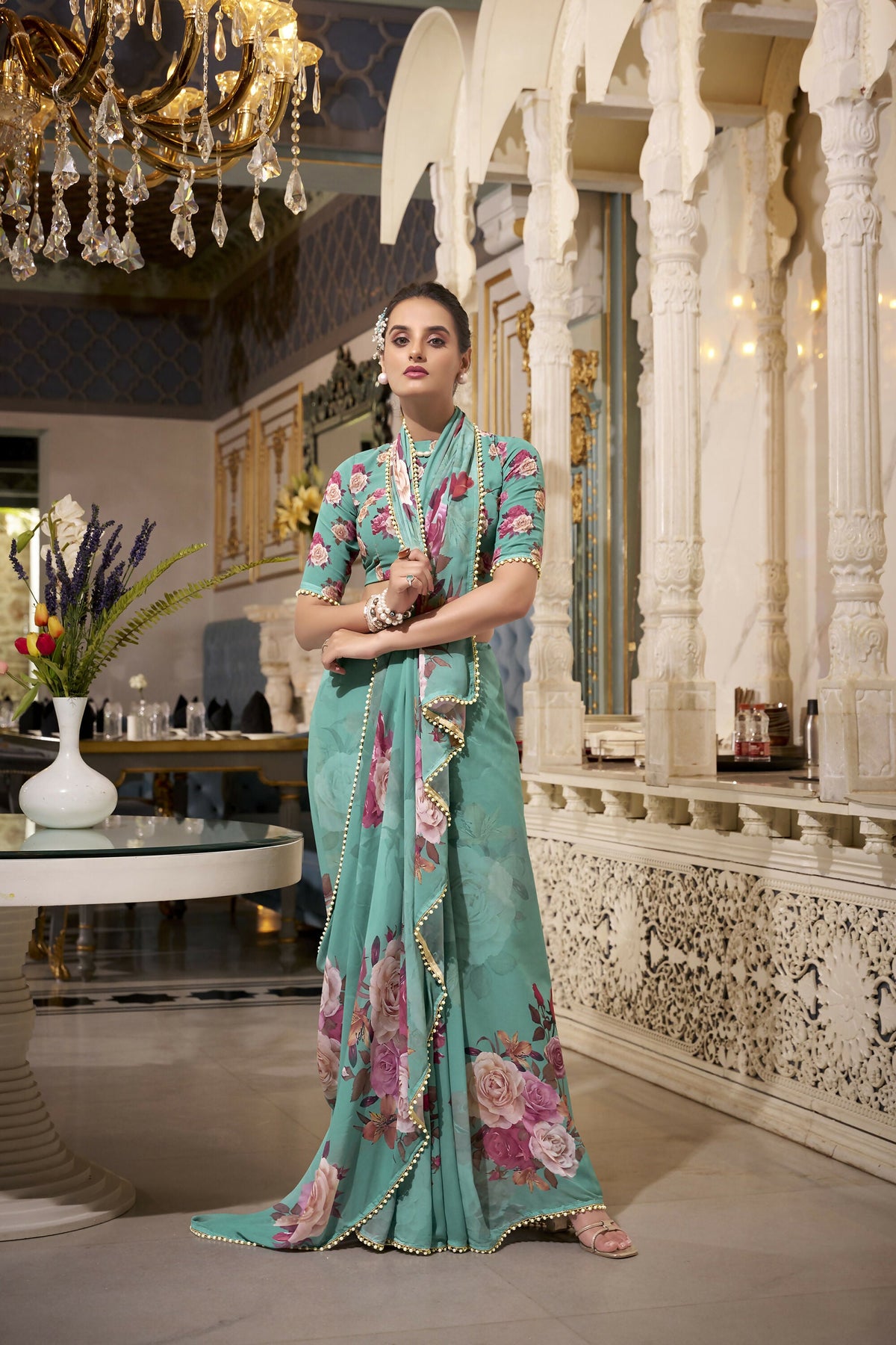 Vastranavya Green Spectacular Georgette Printed with Pearl Lace Saree with Unstitched Blouse | Grocsy