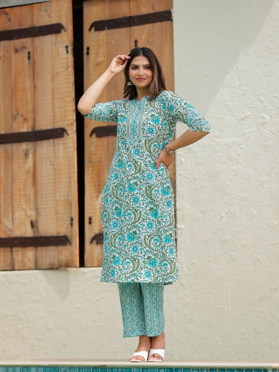 Aramya Straight Soft Cotton Floral Print Women's Kurta Set - Turquoise | Grocsy