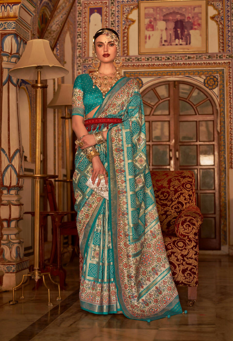 Rama Blue P V Silk Digital Print, Zari Work Printed Saree - Rewaa Parampara | Grocsy