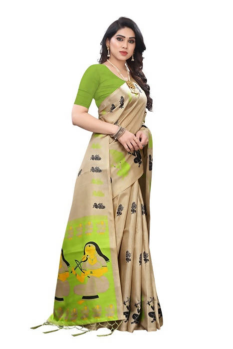 Vamika Brown Kalamkari Print With Jhalar Khadi Silk Saree (SHABRI GREEN) | Grocsy