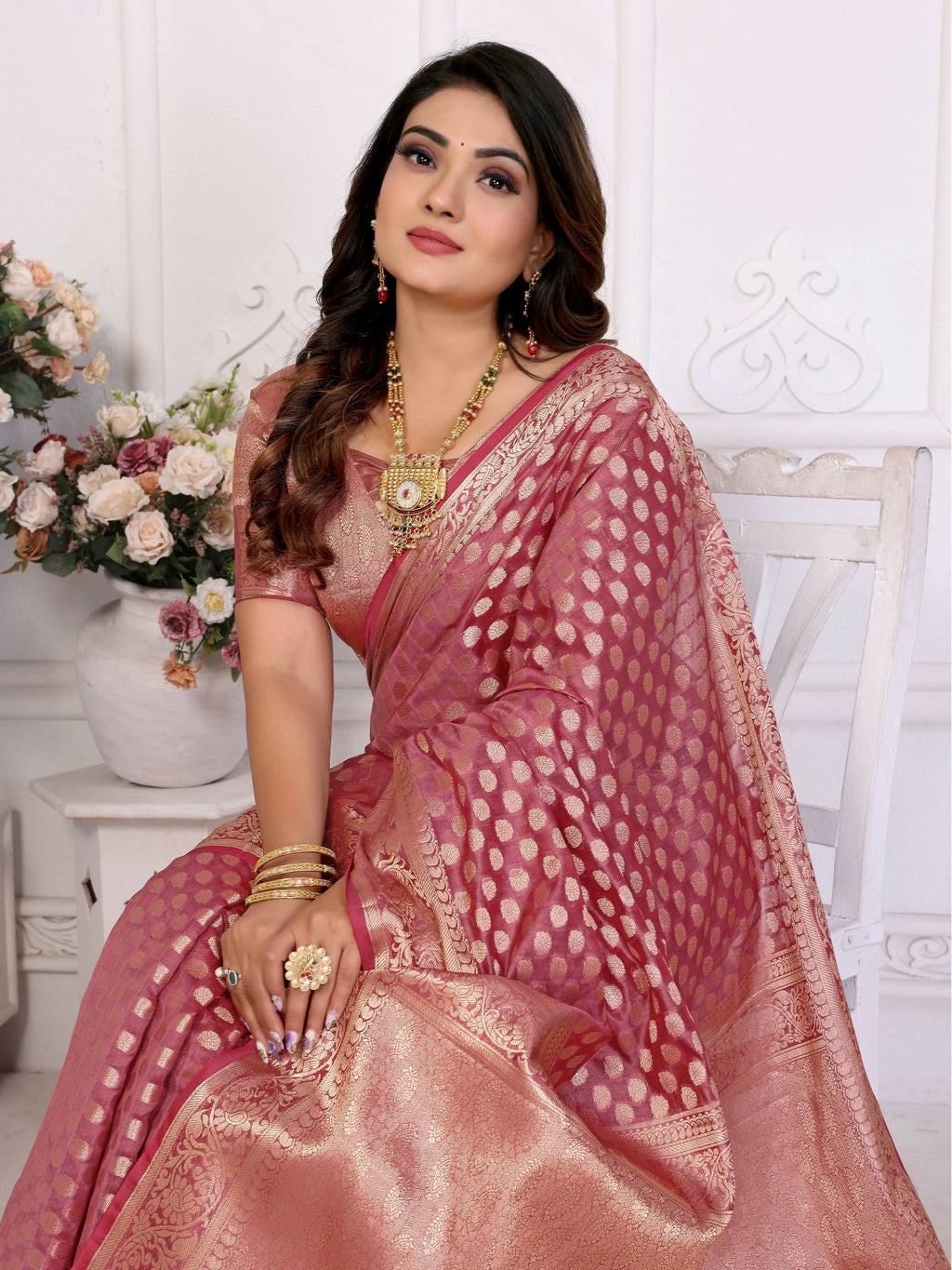 Aastha Fashion Light Pink Organza Silk Weaving Saree | Grocsy
