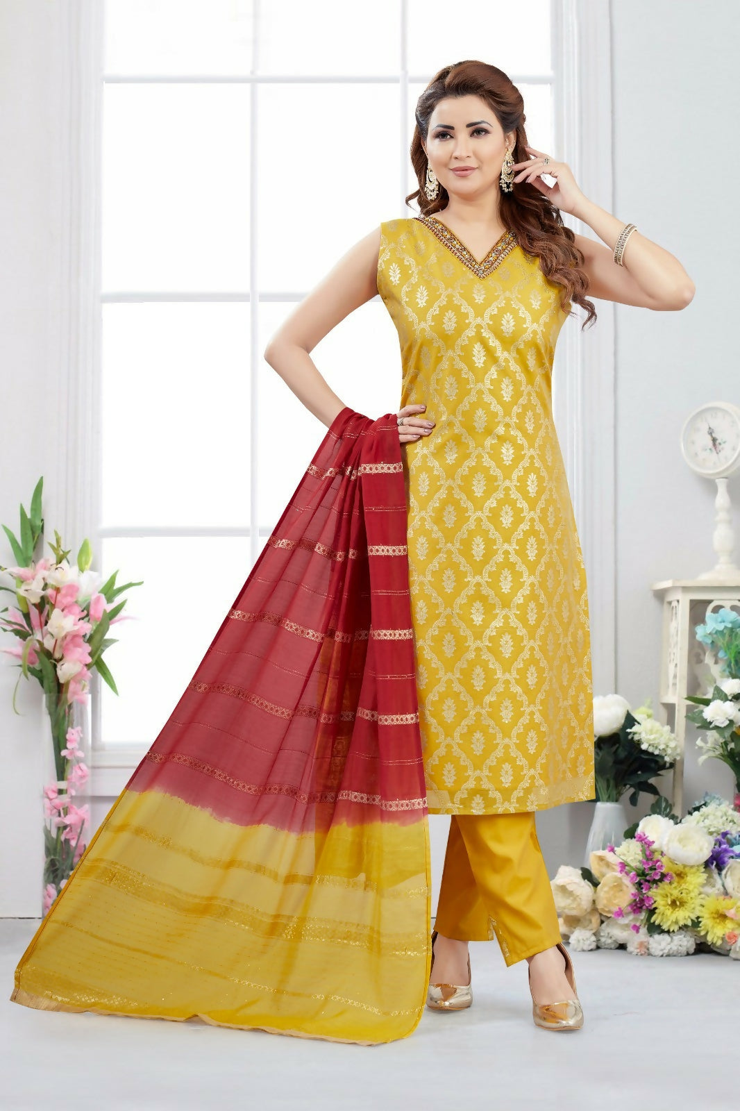 Joban Fashion Jacquard Mustard Color Kurta Set | Grocsy