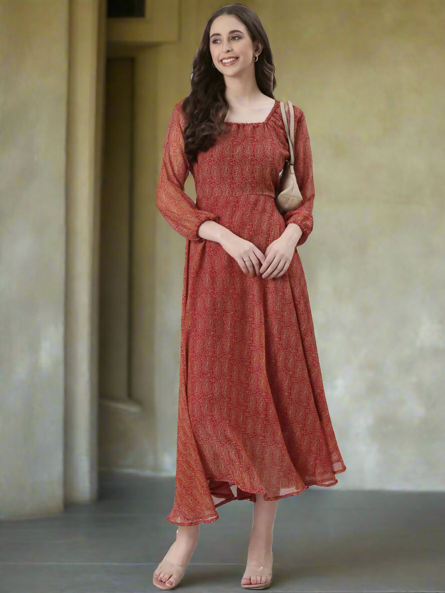 Souchii Rust Orange Printed Fit & Flare Dress | Grocsy