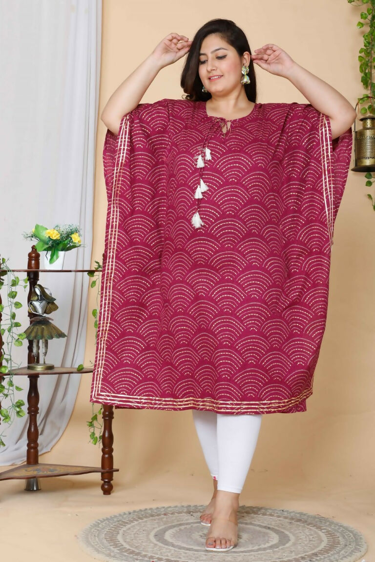 Miravan Women's Plus Size Magenta Bandhani Printed Cotton Kaftan Kurta | Grocsy
