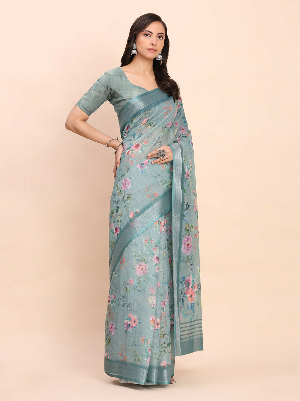 Shree Shyam Fashion Linen Cotton Sea Green Saree | Grocsy