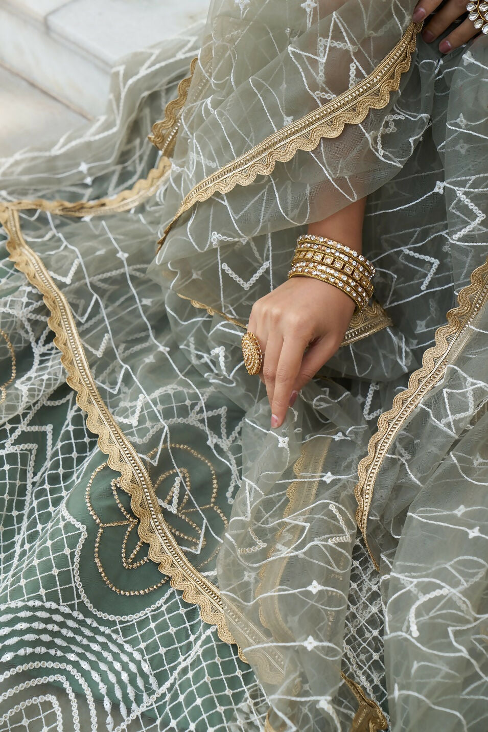 Eilara Glamorous Dusty Green Butterfly Net With Thread And Sequence Embroidered Work Fancy Lace Lehenga Choli For Wedding | Grocsy