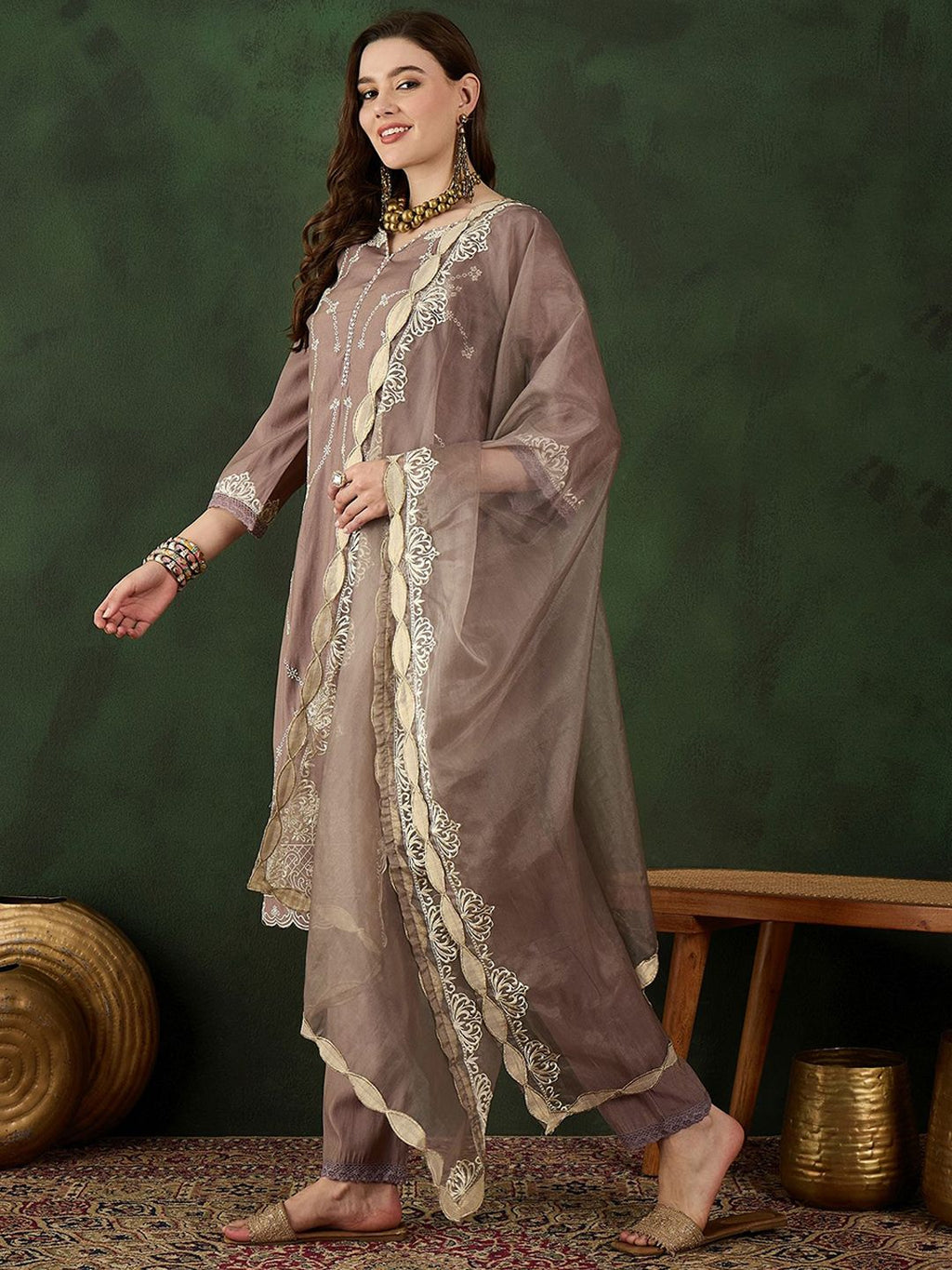 Sangria Floral Embroidered Mirror Work Straight Kurta, Trouser & Dupatta Set | Grocsy