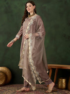 Sangria Floral Embroidered Mirror Work Straight Kurta, Trouser & Dupatta Set | Grocsy