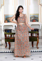 Miravan Women's Brown Floral Printed Crop Top And Skirt Co-Ord Set | Grocsy