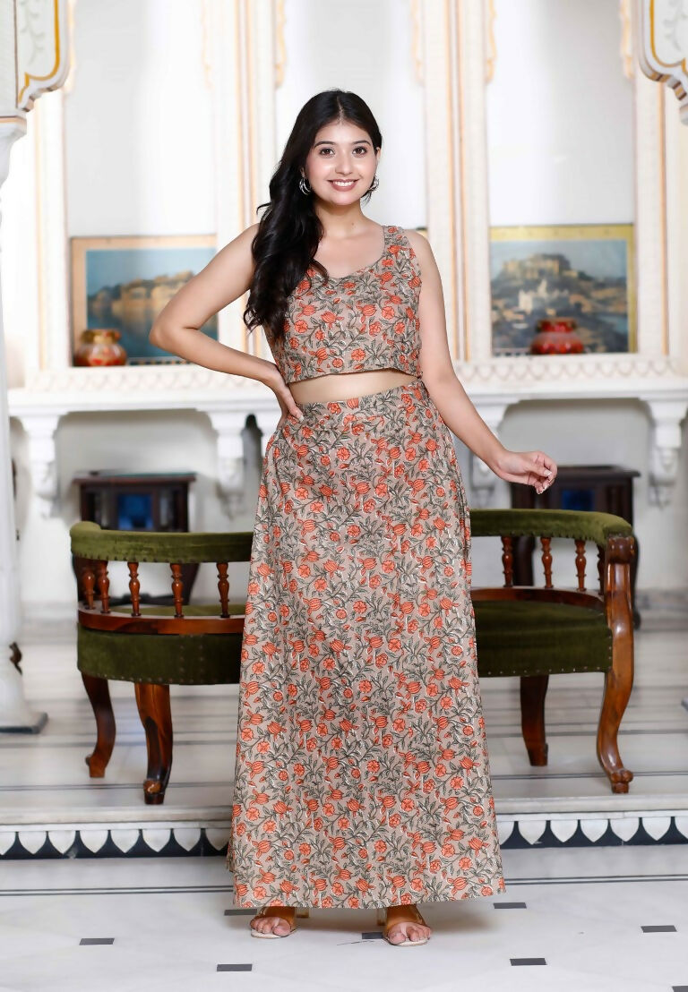 Miravan Women's Brown Floral Printed Crop Top And Skirt Co-Ord Set | Grocsy