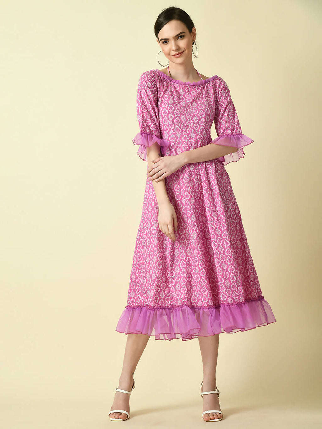 Myshka Women's Pink Empire Printed Dress | Grocsy