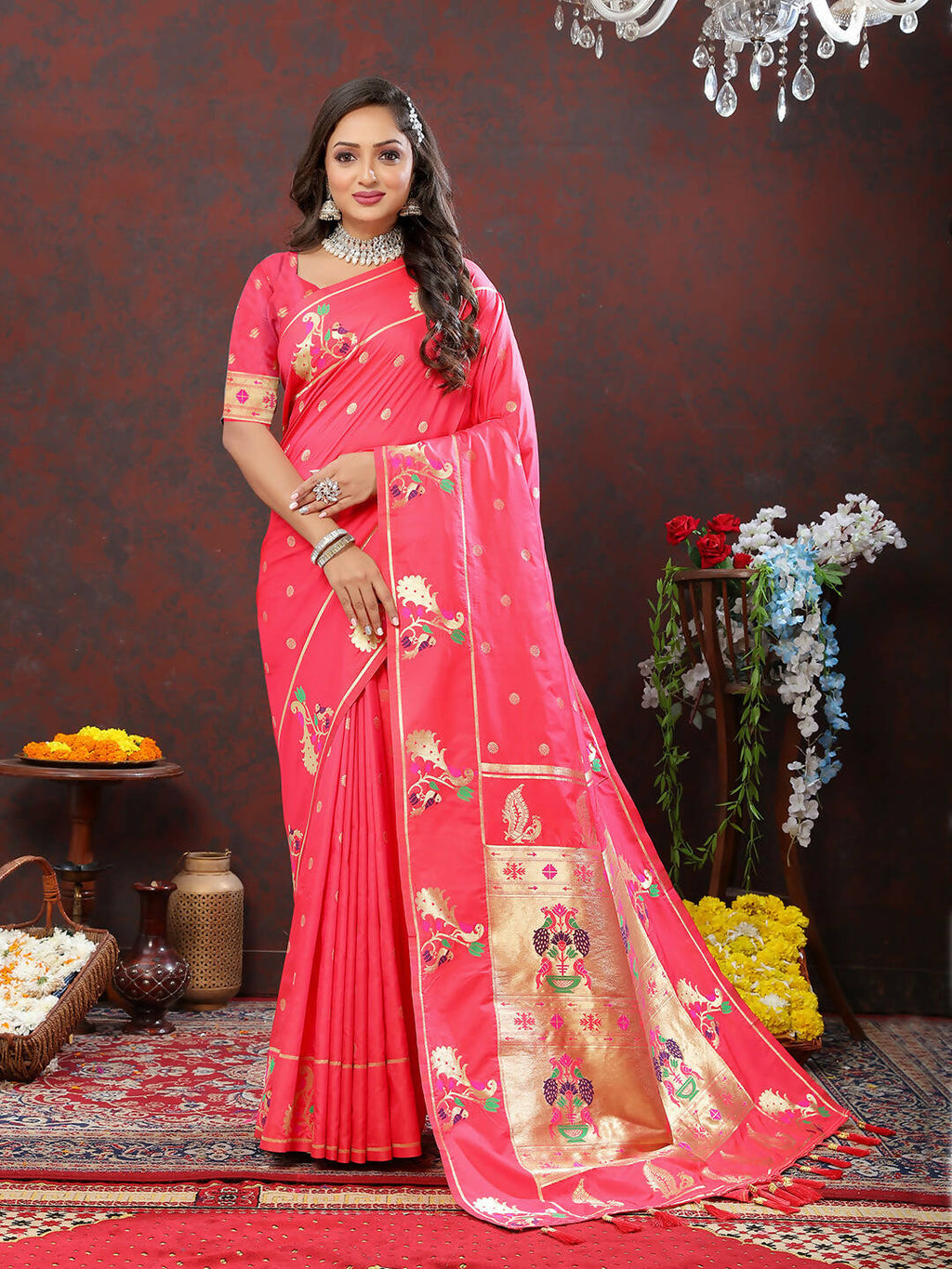 Lorenvalley Fashion Peach Soft Paithani Silk Woven Design Gold Zari Meenakari Weaving Saree | Grocsy