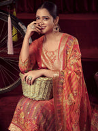 Jyoti Fashion Women's Orange Organza Jacquard Woven Kurta with Trouser & Dupatta | Grocsy