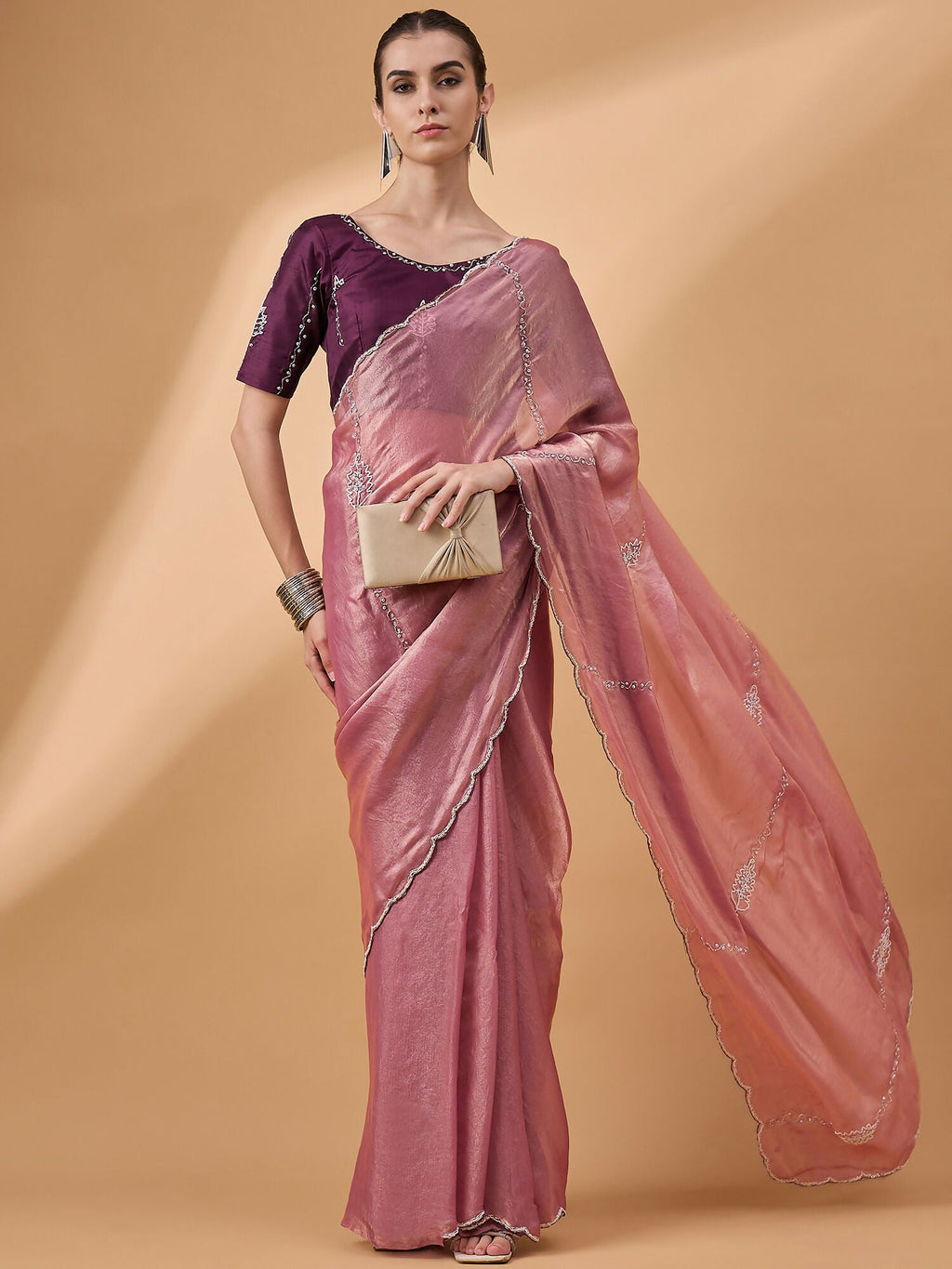Pink Muslin Embroidered Saree with Unstitched Blouse Piece - Satya | Grocsy