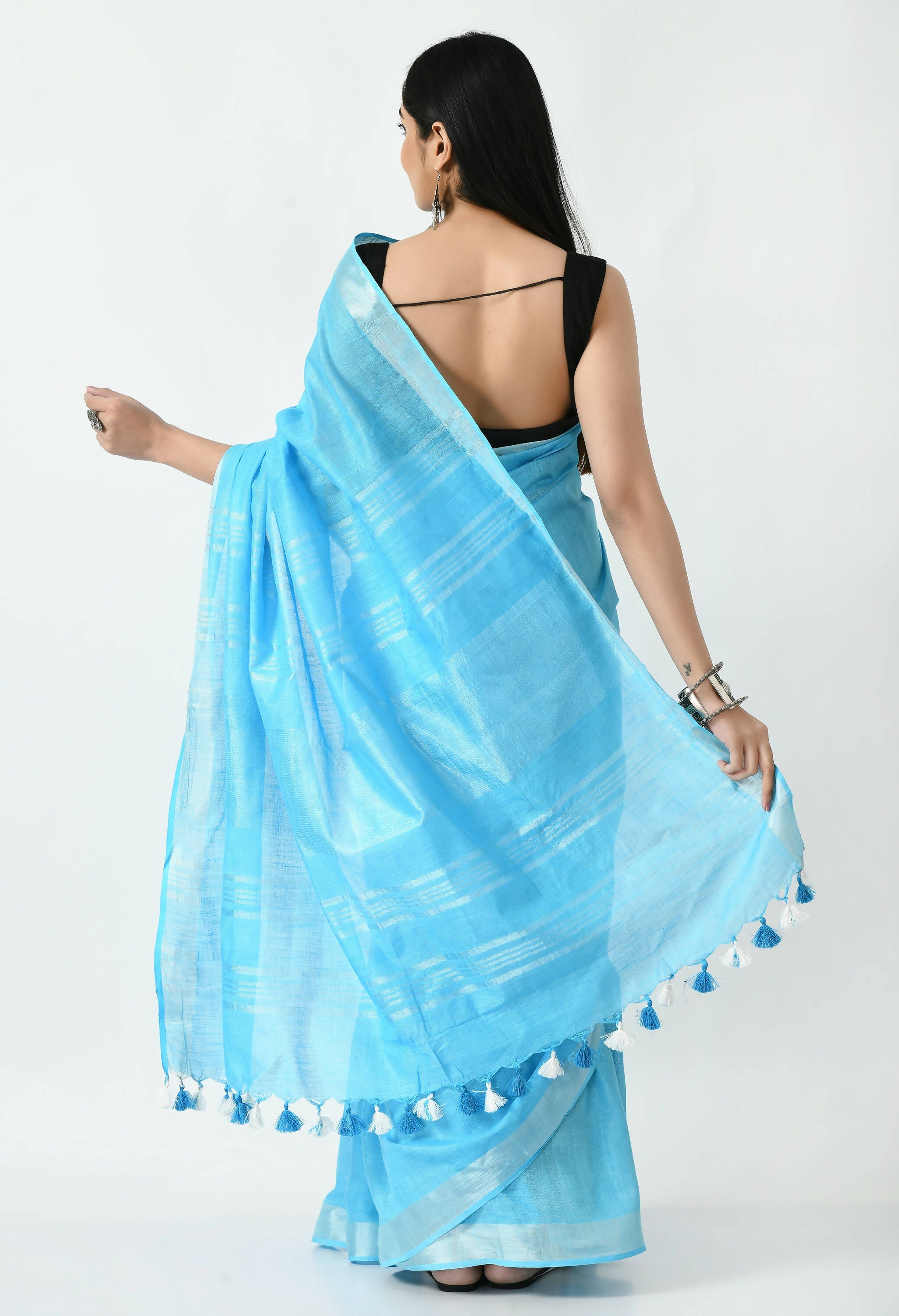 Mominos Fashion Moeza Sky Blue Bhagalpuri Handloom Silk Linen Saree with unstitched Blouse piece | Grocsy