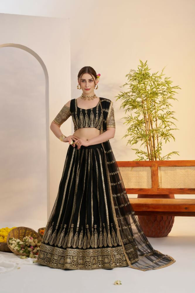 Aastha Fashion Black Butterfly Net Zari Work And Cotton Thread Work And Sequence Work Embroidery Wedding Wear Lehenga Choli | Grocsy