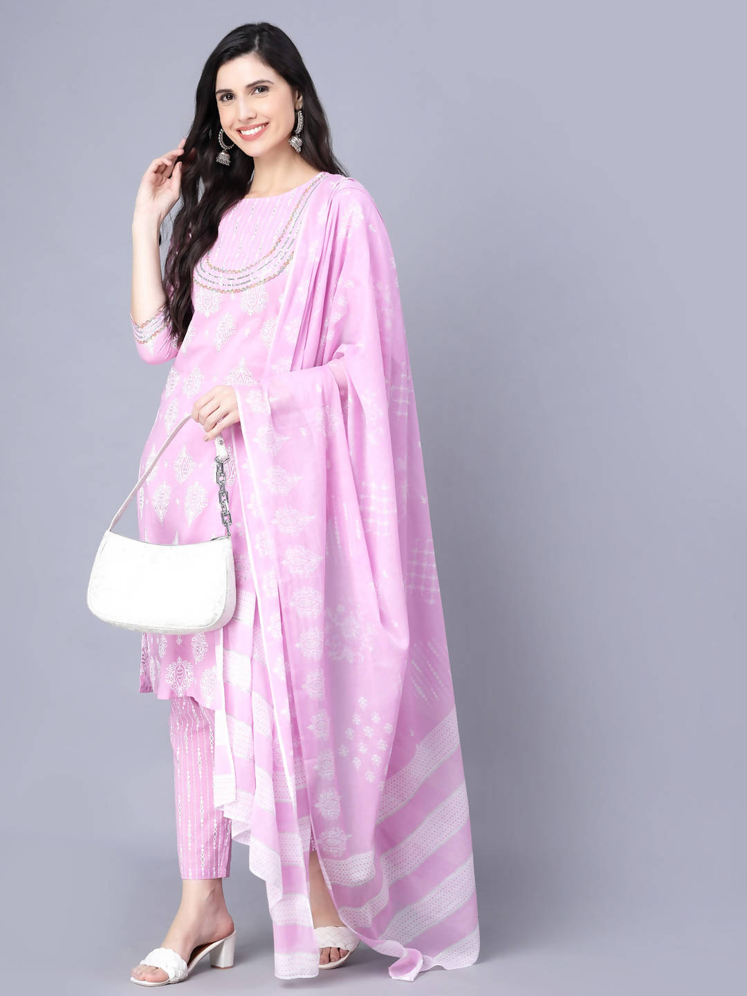 Myshka Cotton Printed 3/4 Sleeve Round Pink Women Kurta set | Grocsy