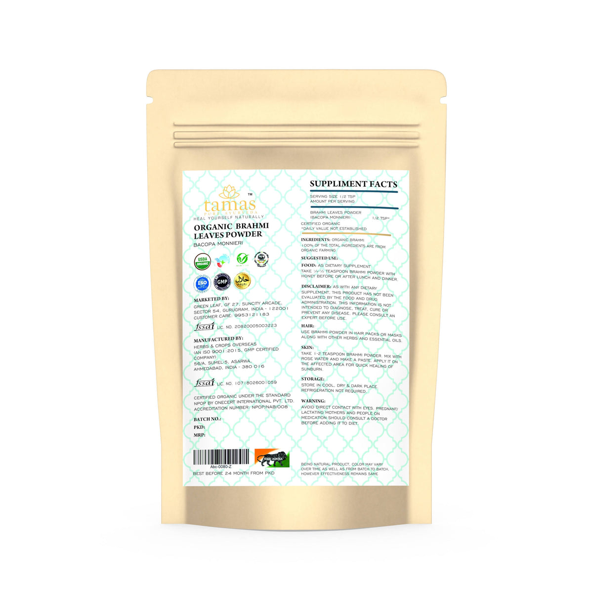 Tamas Pure Ayurveda Superfood Organic Brahmi Leaves Powder | Grocsy