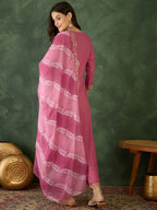 The52 Women's Beautiful Rayon Fabric Embroidery Work Straight Kurta Pant and Dupatta Set-Pink | Grocsy