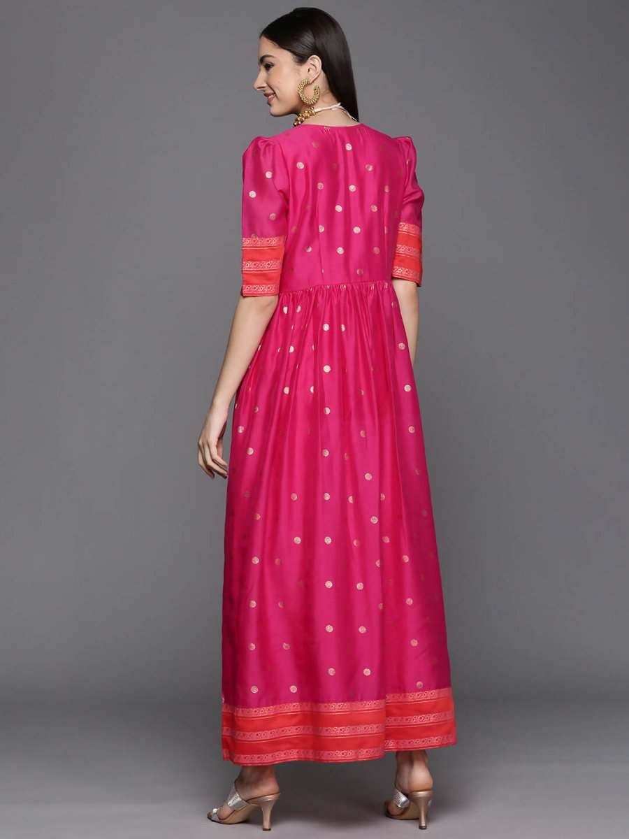 Ahalyaa Women's Pink Chanderi Gold Foil Print Dress | Grocsy