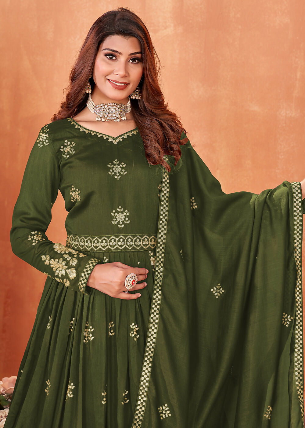 Mehndi Green Festive Embroidered Art Silk Anarkali Suit - Emponline | Grocsy