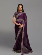 PR Fashion Wine Zometo Embroidery Lace Saree | Grocsy