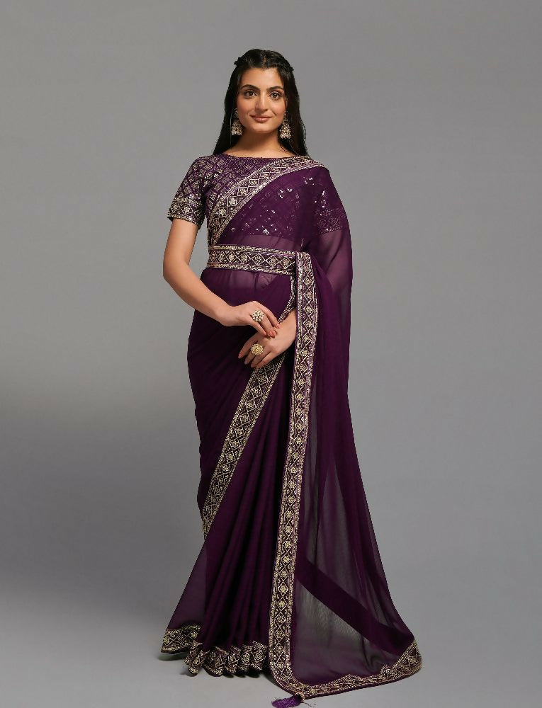 PR Fashion Wine Zometo Embroidery Lace Saree | Grocsy