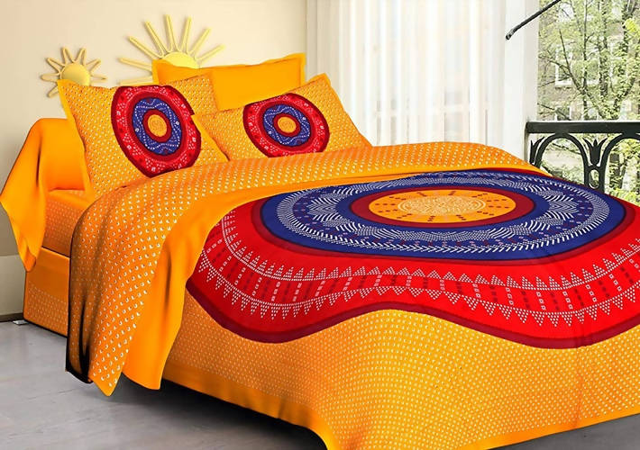 Vamika Printed Cotton Yellow With Multicolor Combination Bedsheet With Pillow Covers (LEOC_BANDJ_Y) | Grocsy