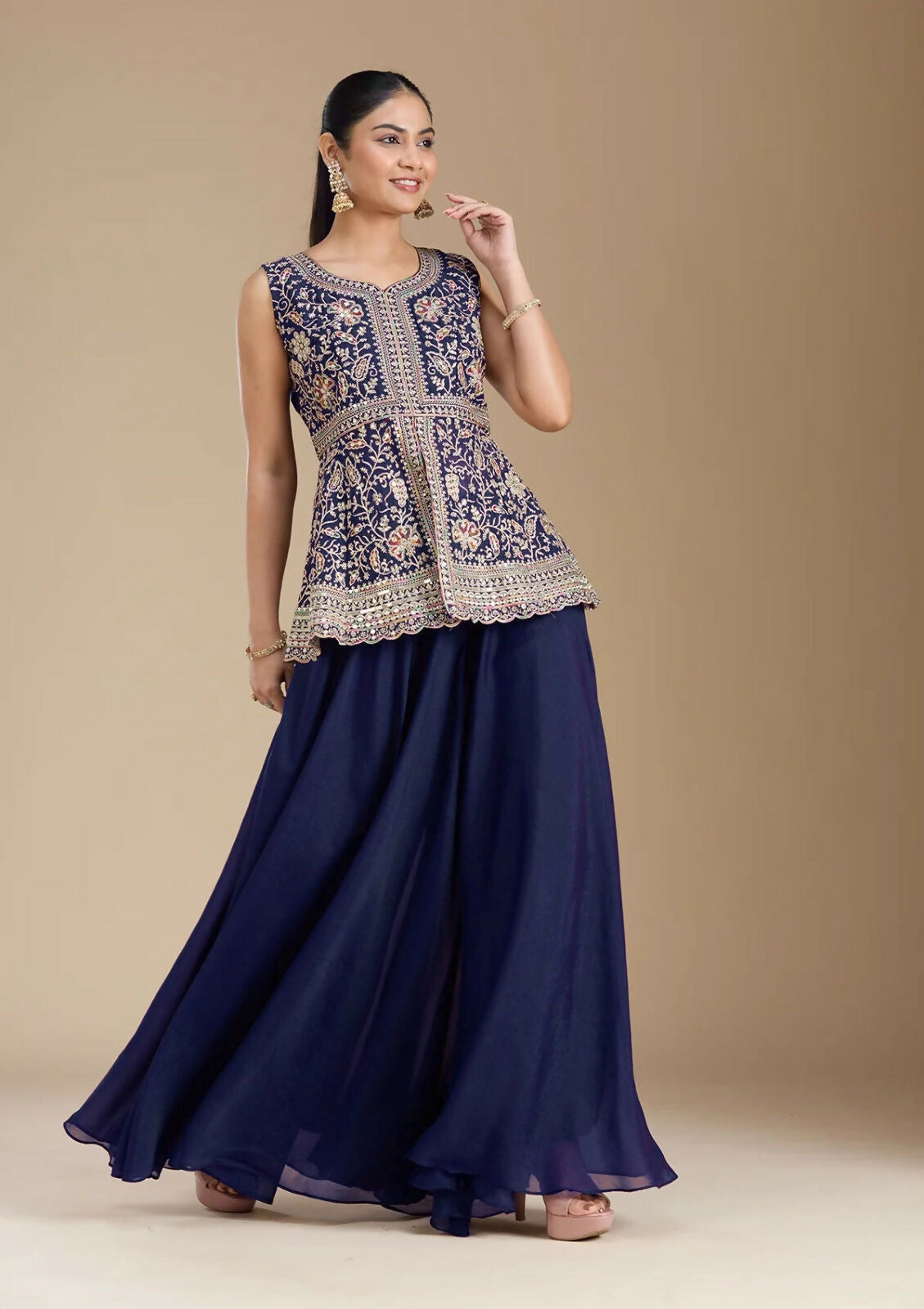 Teeya Creation Blue Color Star Georgette Party Wear Designer Peplum Sharara Set | Grocsy