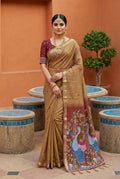 Vastranavya Cream Muga Cotton Meenakari & Azarakh Pallu Saree with Contrast Blouse | Grocsy